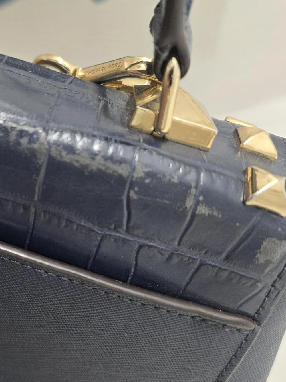 Michael Kors Navy Croc-Embossed Top-Handle Satchel with Gold Chain